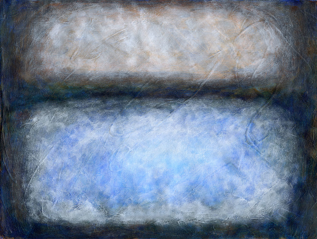 This is an acrylic abstract painting with blue and grey color fields, painted in a soft expressionist style.