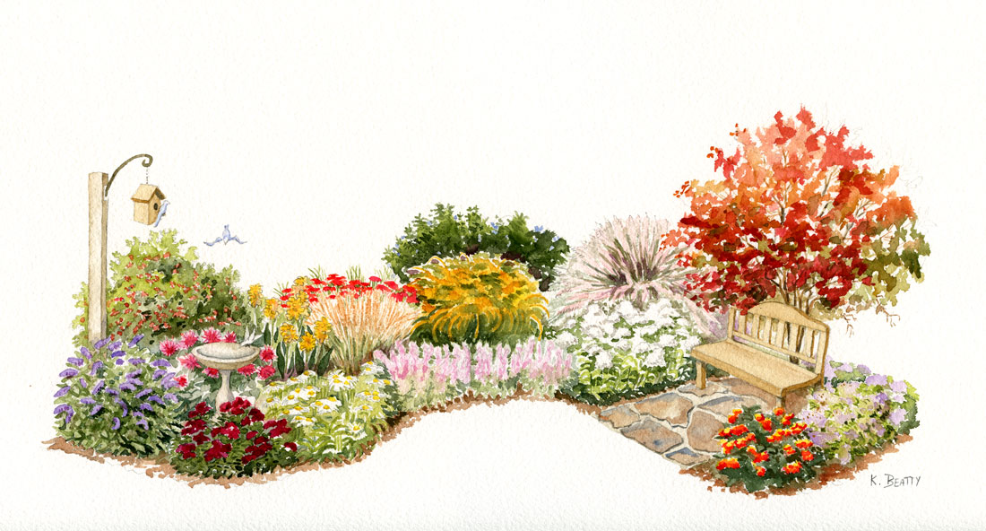 Watercolor painting of a garden scene with wild birds and flowers, a bird house, a birdbath, and a garden bench.