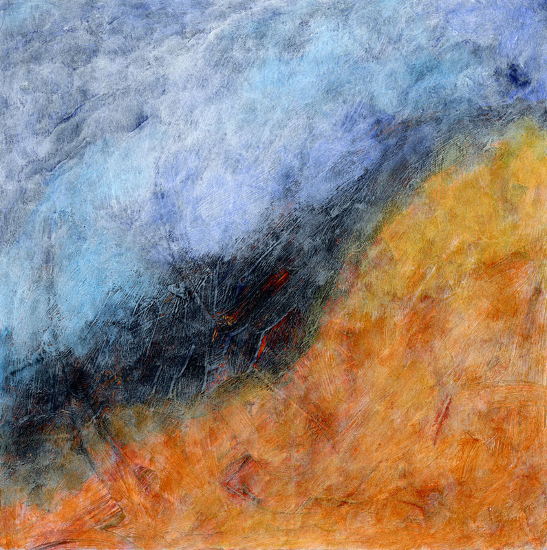 Into the Wind is an acrylic abstract painting with blue and orange colors, characterized by both soft and hard strokes.