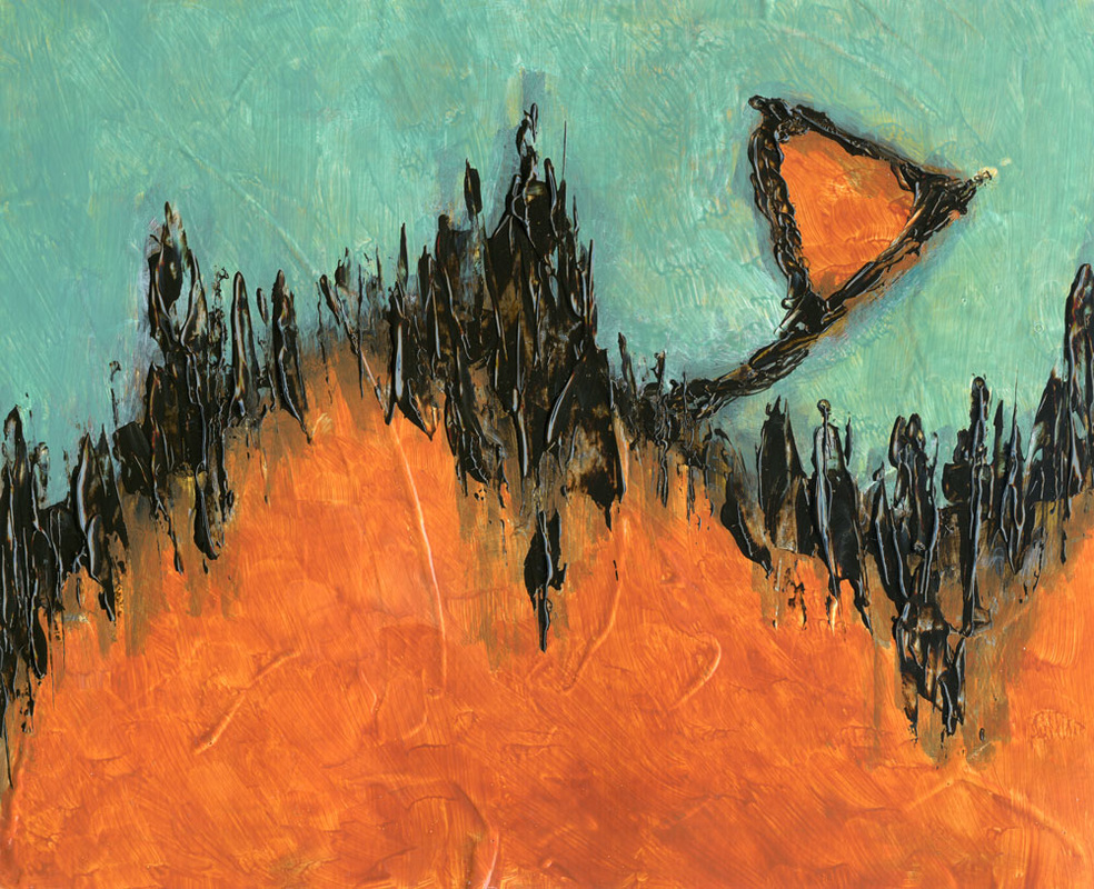 Rising Hope is an acrylic abstract painting with teal and orange shapes.