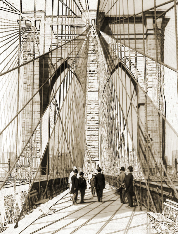 Vintage photo art using an 1898 photo of the Brooklyn Bridge with men standing on the roadway, in sepia.