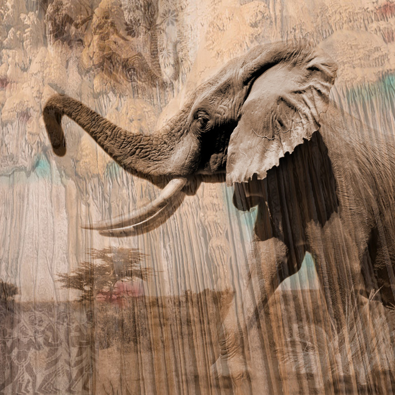 Vintage photo montage of African elephant and temple rubbings from Thailand in a digital collage.