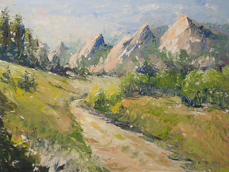 Oil painting of a landscape scene in the Rocky Mountains. The Flatirons outside of Boulder, Colorado.