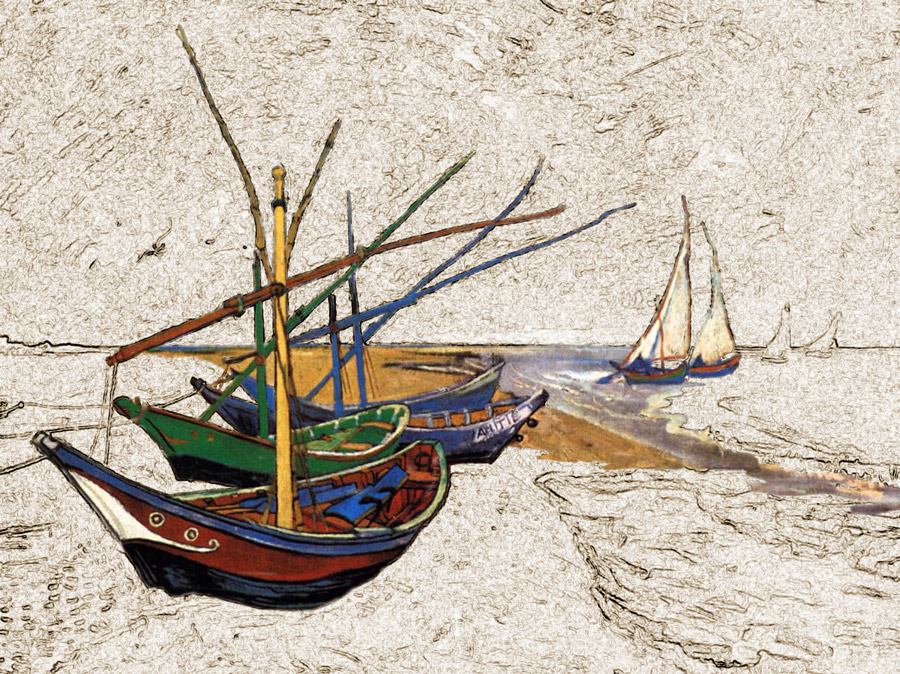 Fishing Boats on the Beach by Vincent vanGogh, transformed into digital art.