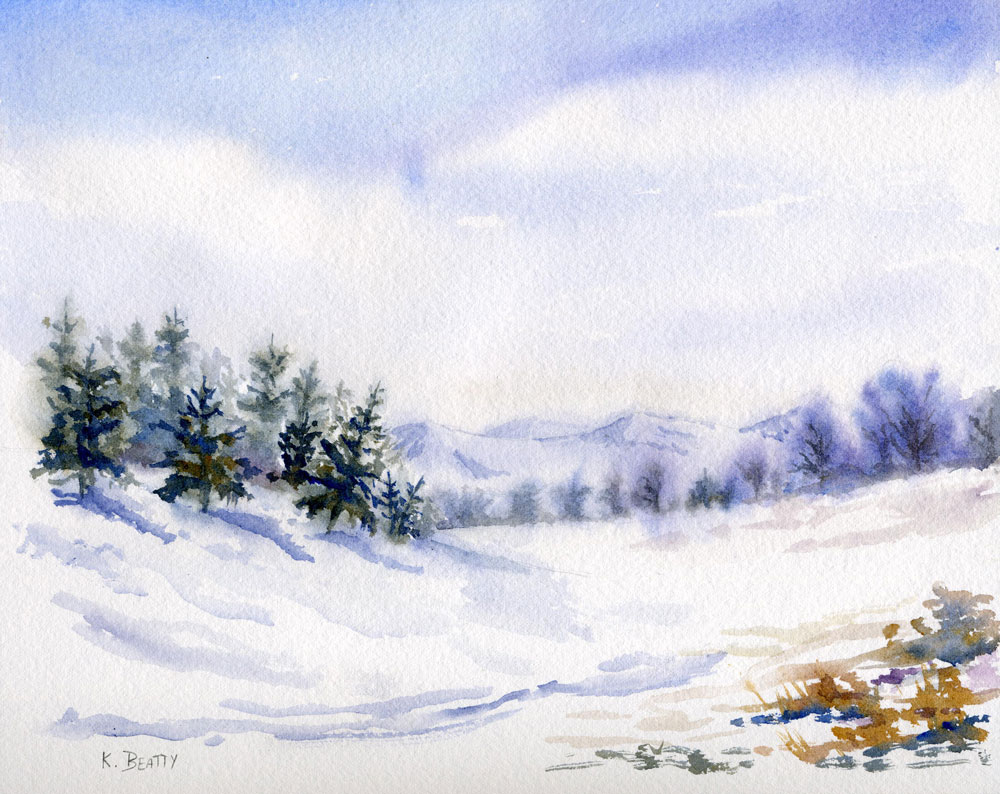 Watercolor painting of a snowy winter landscape scene with pine trees and snowy mountains in the distance.