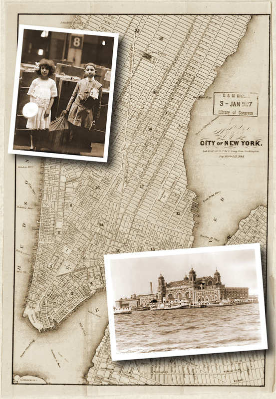 Vintage map of New York City with old photos of Ellis Island and a boy and girl immigrant children.