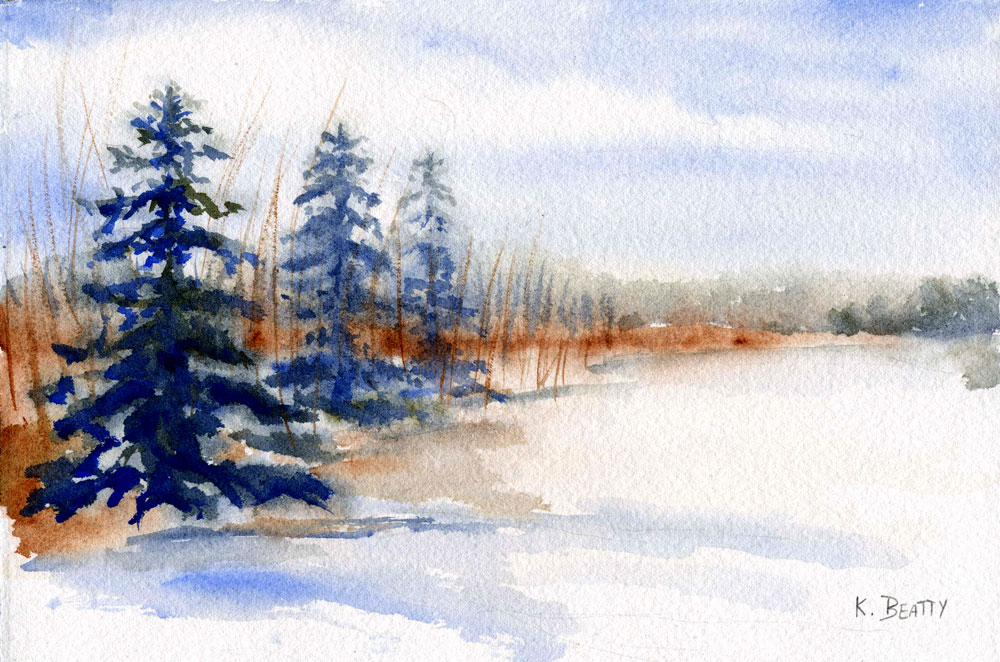 Winter watercolor painting of a snowy scene with evergreen trees and distant trees as if before a storm.