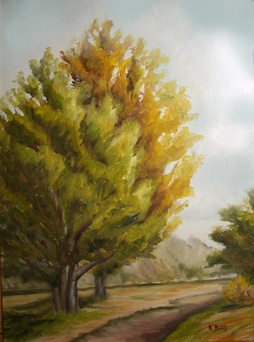 Oil painting of colorful trees near the foothills outside of Boulder, Colorado.
