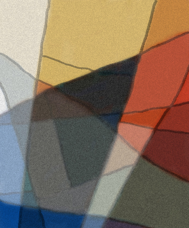 Digital painting of color patches in a harmonious shape and colors composition.