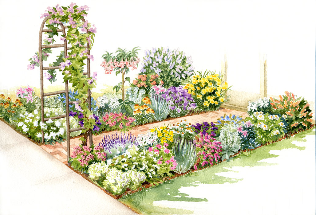 Watercolor painting of a garden scene with archway and many flowers.