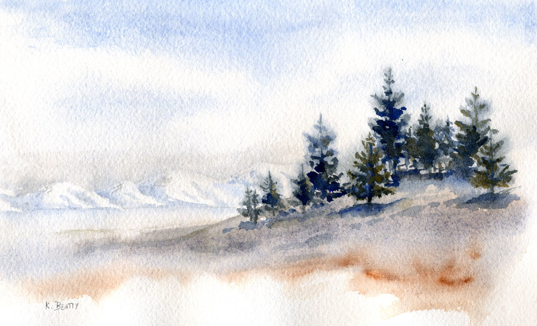 Watercolor landscape painting of a winter scene with pine trees and distant snowy mountains.