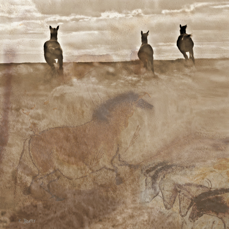 Digital photography art with horses running the range, with cave drawings of horses from Lascaux cave.