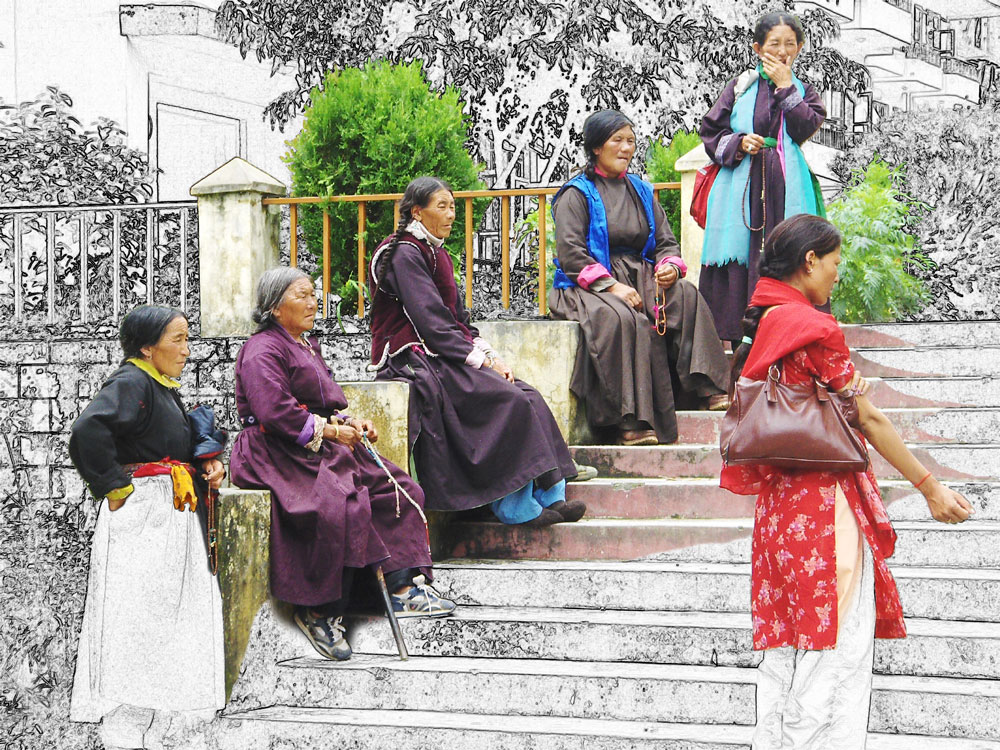 Digital art created from a  travel photo of six Tibetan women near Dharamsala, India.