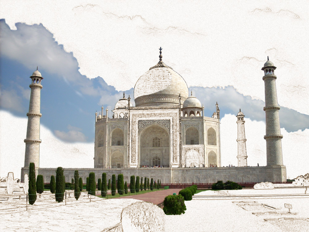 Digital art created from a travel photo of the Taj Mahal in India