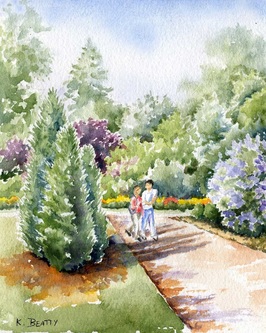 Watercolor painting of a couple strolling through a botanic gardens scene.