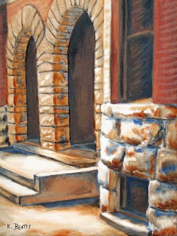 Oil painting of a city street scene of double doorways into a building with sunlight falling over the bricks and stone.