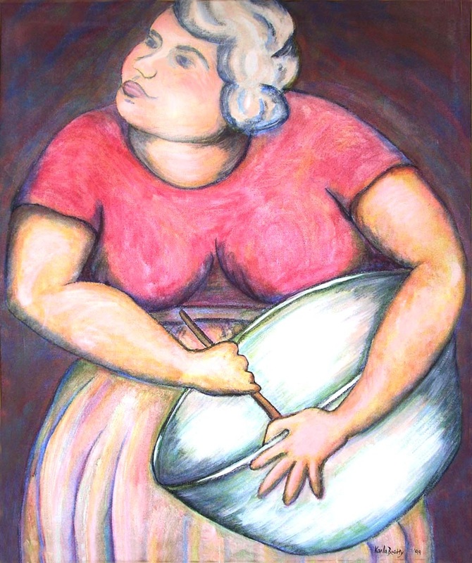 Acrylic painting of a country woman stirring a large bowl while making biscuits for dinner.