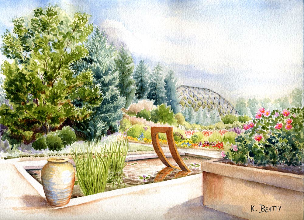 Watercolor painting of a garden landscape scene with a sculpture pool and the conservatory in the background.