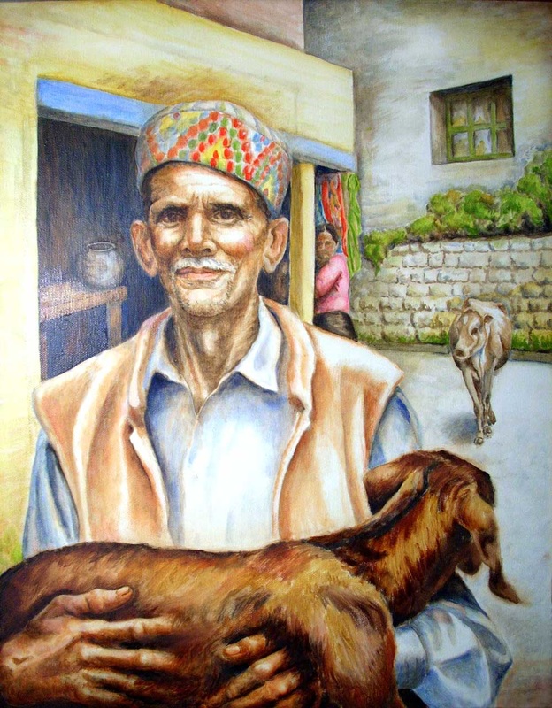 Oil painting portrait of a Tibetan refugee carrying a goat on the streets of Dharamsala India.