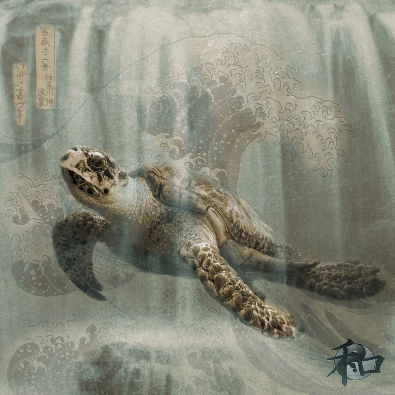 Digital art of a sea turtle with collage elements of waterfall texture and Hokusai The Great Wave artwork.