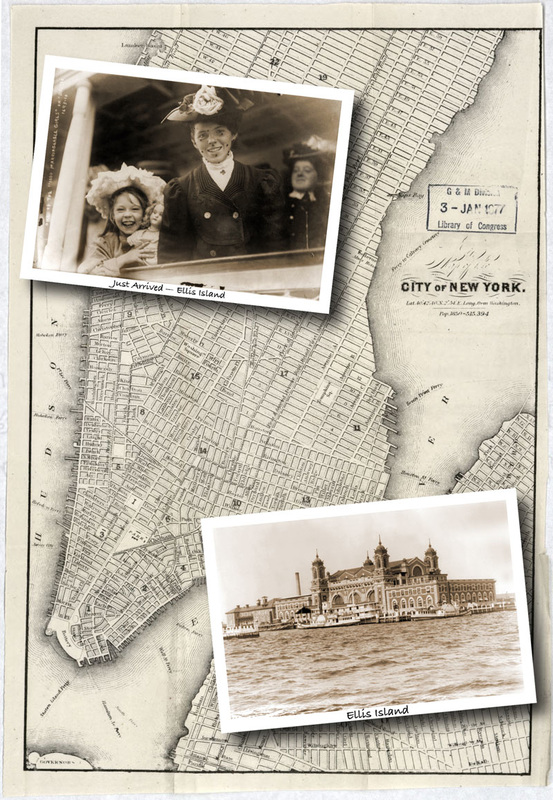 Vintage map of New York City with two old photos of Ellis Island and two girls newly arrived.