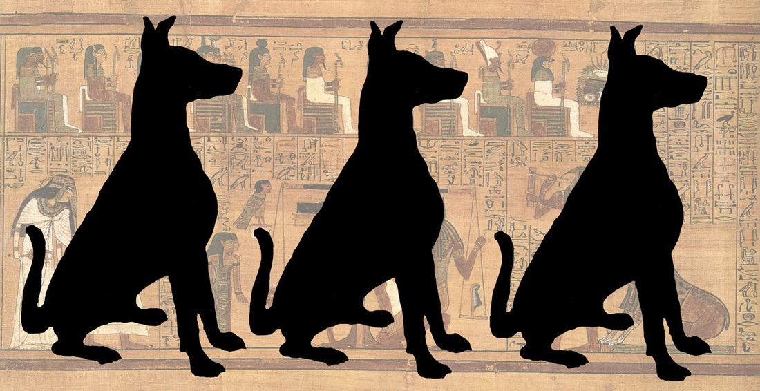 The Regal Sit is a digital art of three dogs sitting in front of an ancient Egyptian scroll with hieroglyphs.