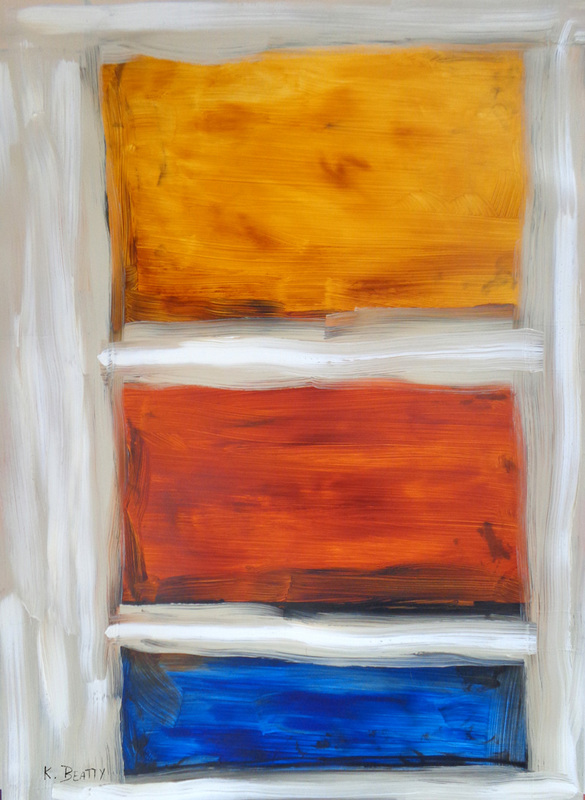 Acrylic on paper abstract painting of three color fields in neutral red, yellow, blue.