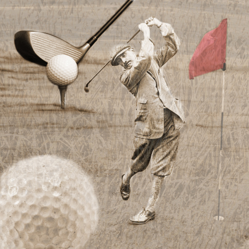 Vintage photo collage of an early 1900s golfer with a golf ball, and red golf flag.