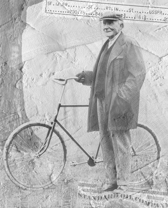 Bicycle and JD Rockefeller is a vintage fine art photo collage with an antique photo of an old-style bicycle held by J. D. Rockefeller.