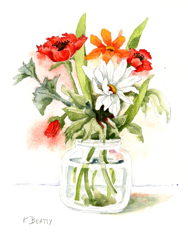 Floral bouquet in a glass jar with red anemones and a white daisy flower.