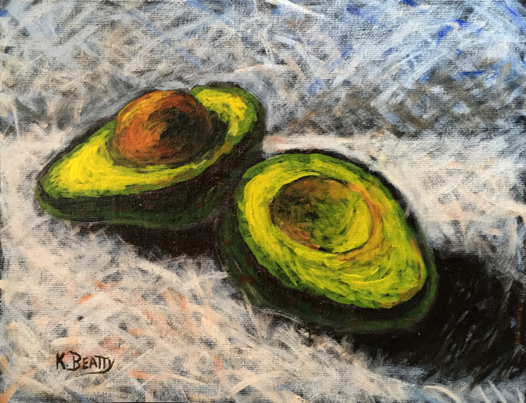 Avocado cut in half, backlit with interesting shadows, done in a scumble technique in acrylic.