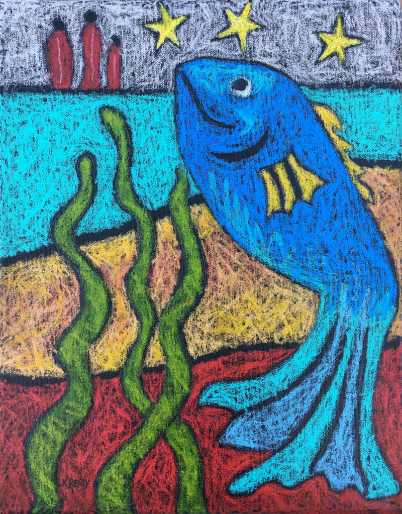 This oil pastel on canvas features an abstract image of a blue fish, starry sky, with three red figures in background.