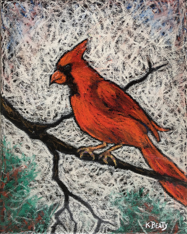 This oil pastel features a red cardinal bird on a bare branch. It is done in a unique scribble technique.