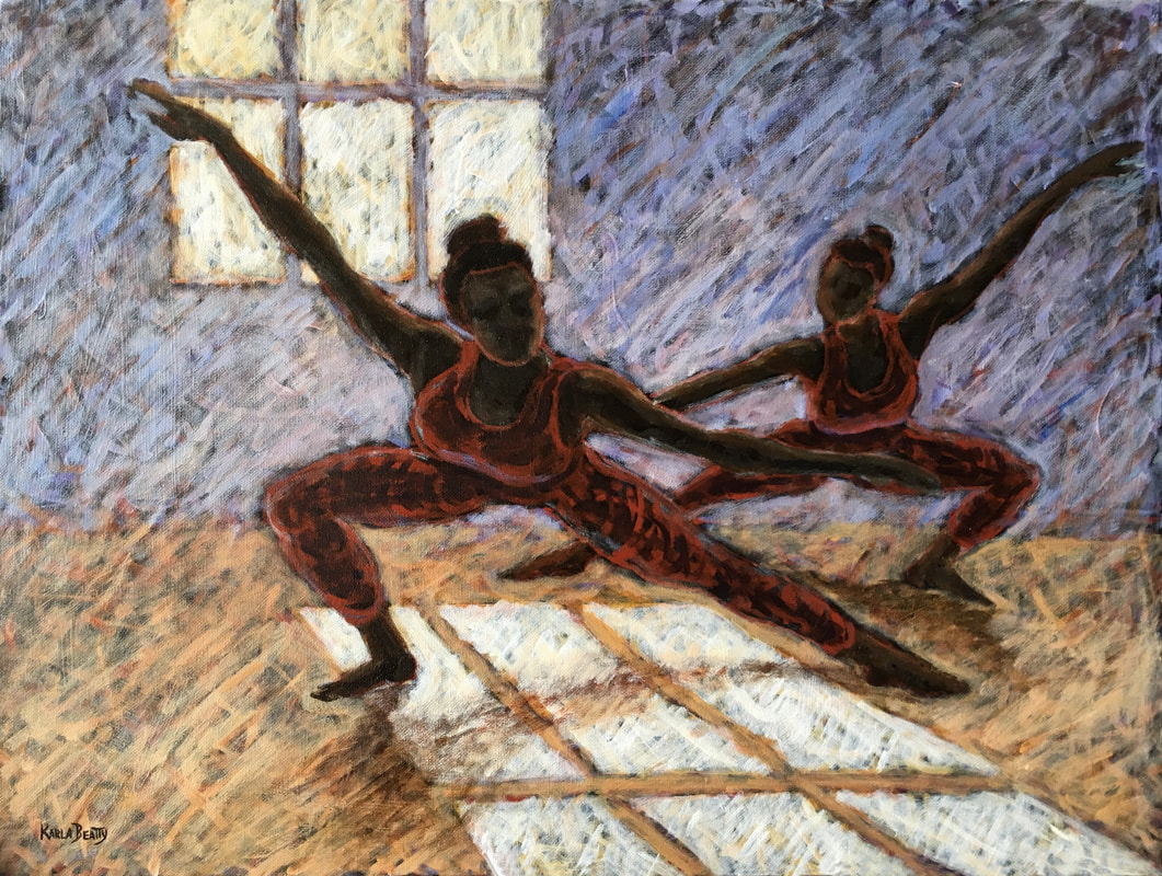 Two women dancing near a window. They are backlit, with interesting shapes of light and shadows. Loose brush strokes and scumbles.