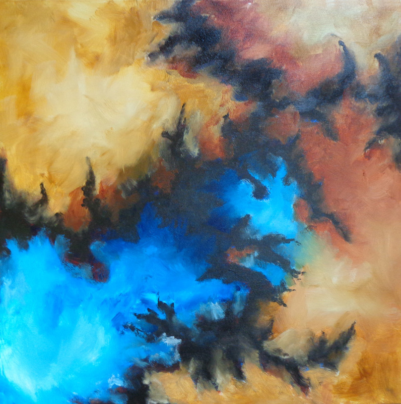 Abstract expressionist painting in blue, gold, amber, and rust.