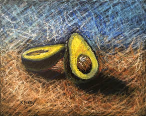 An avocado cut in half, backlit with interesting light and shadows, done in a scribble technique.