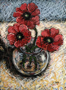Still life arrangement of red poppy flowers in a round vase, done in a scribble technique.