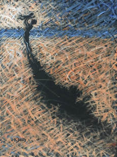 A woman holding up a child on the beach at sunset, done in a scribble technique.