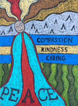 Peace, compassion, kindness, and caring are the words to live by on this abstract figure painting. Painted in oil pastels on canvas in a unique scribble technique.