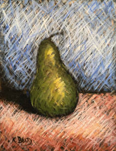A green pear with interesting lighting and shadows, done in a scribble or scumble style.