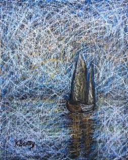 Misty blue and gold colors express a moody scene of a sailboat in still waters. Painted with oil pastels on canvas in a unique scribble technique.