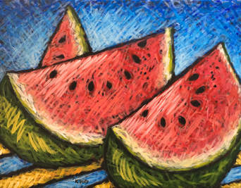 Large slices of luscious watermelon in a brightly colored scribble technique.