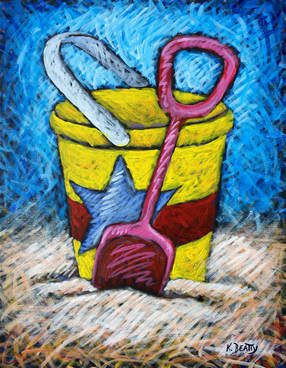 Acrylic painting of a yellow sand bucket on the beach, with a pink shovel, a red stripe and a blue star.
