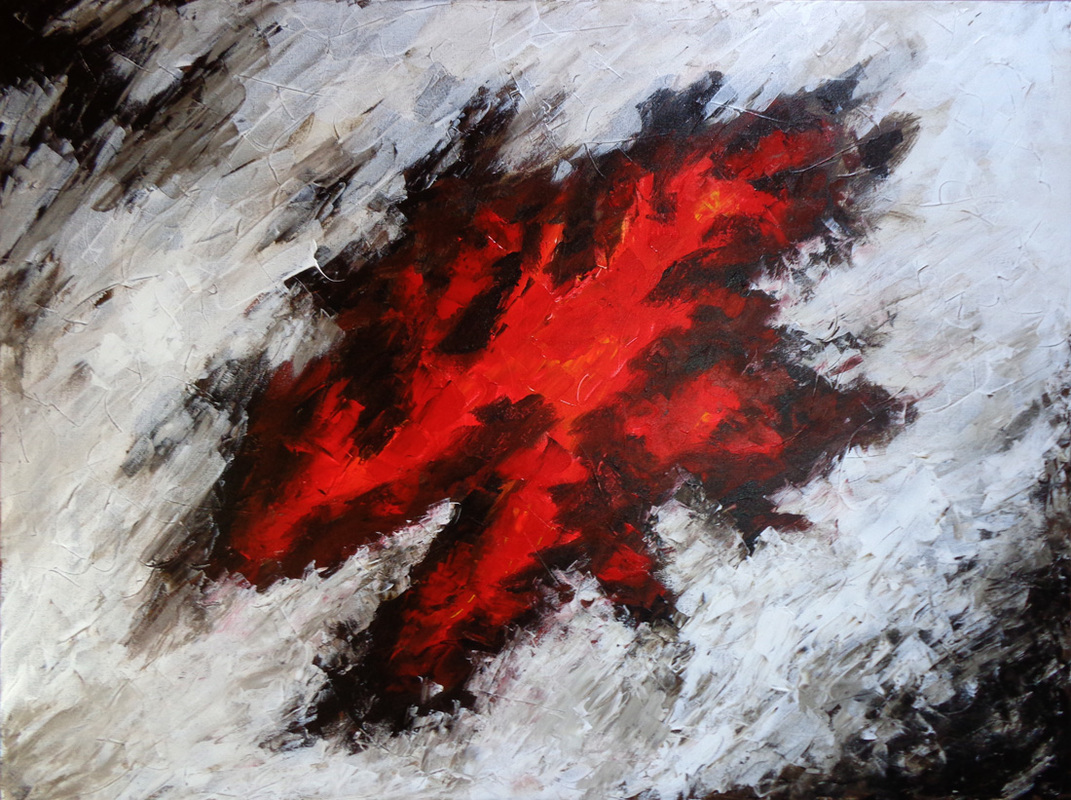 Abstract painting in red and black, vibrant large shape