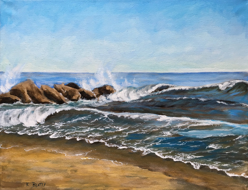 This acrylic painting features a seascape of a wave crashing against the rocks of a jetty at the North End beach in Ocean Grove, NJ.