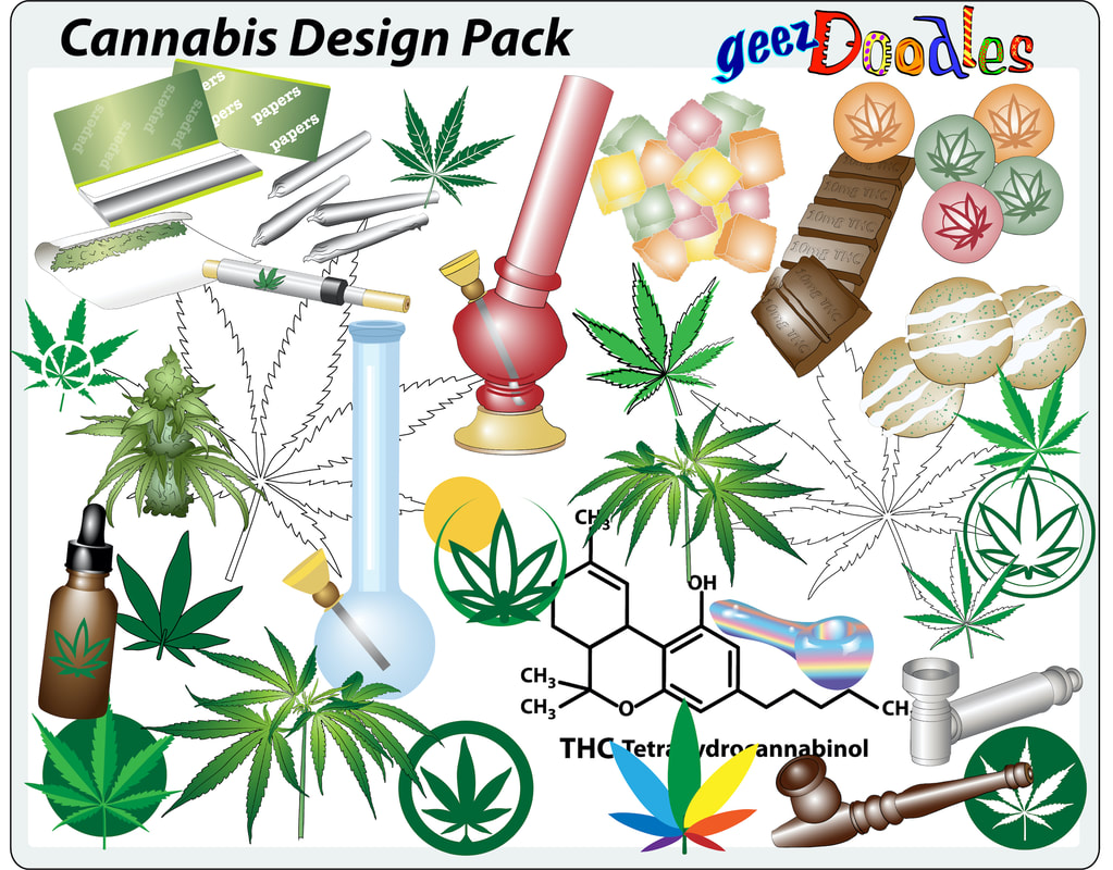 Illustrations and clipart images of pipes, bongs, edibles, marijuana, logos, and plants