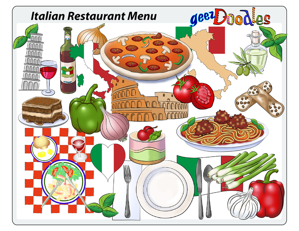 Clip art illustrations of food, wine, Italy, place settings, vegetables, desserts, and olive oil