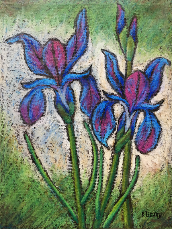 This oil pastel on canvas features blooming blue and magenta irises. It is done in a unique scribble technique.