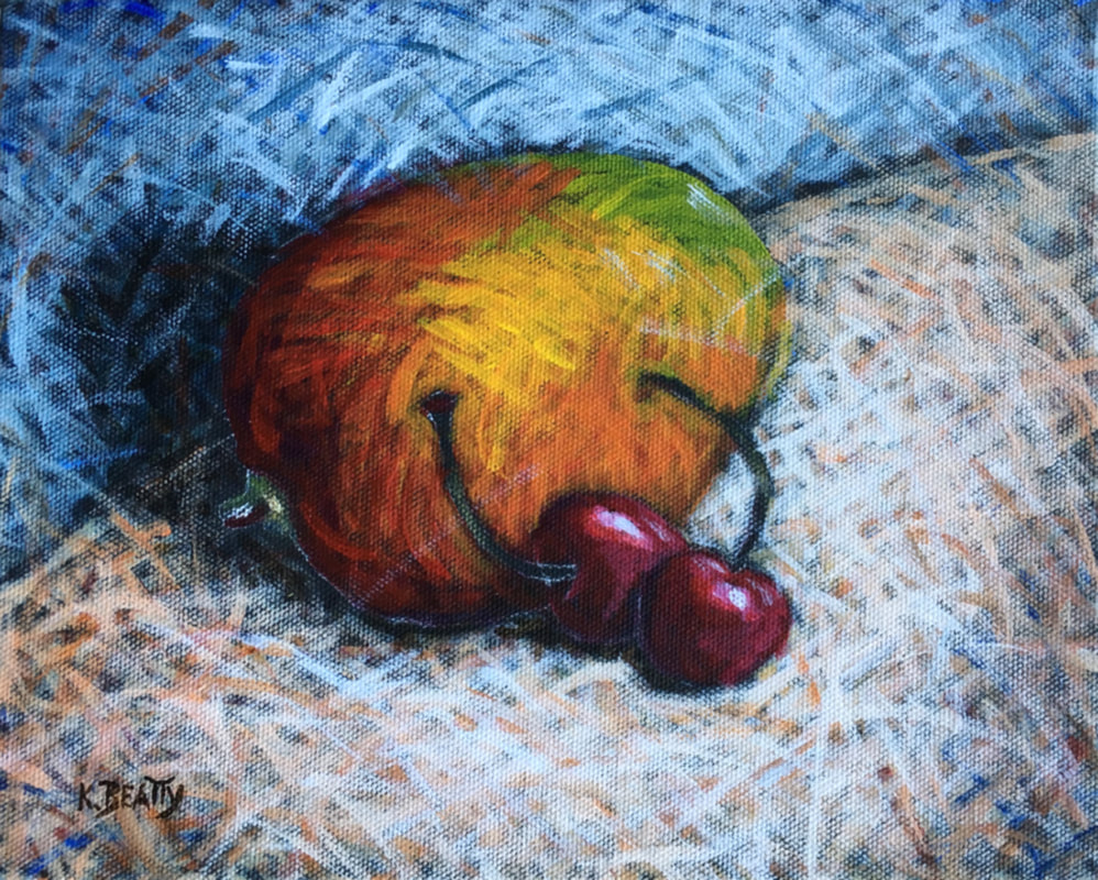 This acrylic painting features a ripe mango in red gold and green colors on a brownish tabletop with a blue background.