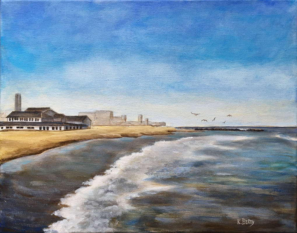 This is an acrylic seascape painting of the North End beach of Ocean Grove, featuring the old Dunes Cafe or Homestead Restaurant building.